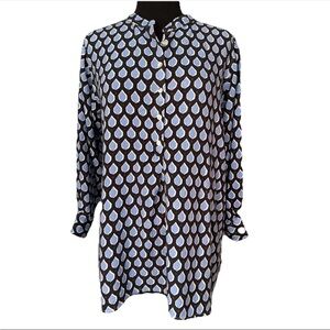 Rock Flower Paper Popover Shirt Navy & Sky Blue Leaf Print Rayon 3/4 Sleeves